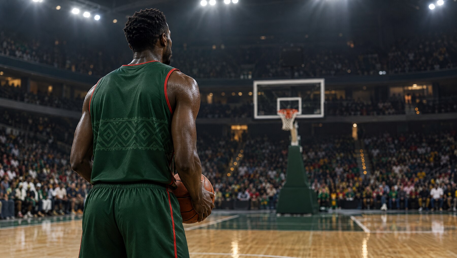 Joueur de basketball en maillot vert sur la ligne des lancers francs, dans une salle