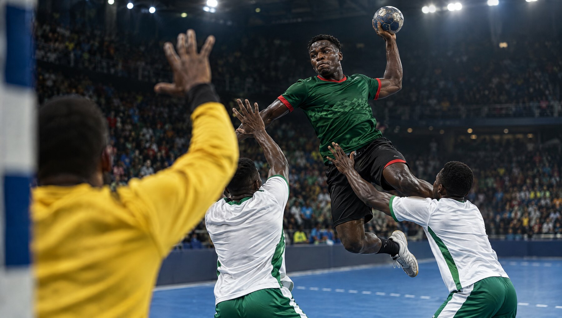 Joueur de handball en suspension au moment du tir, maillot vert