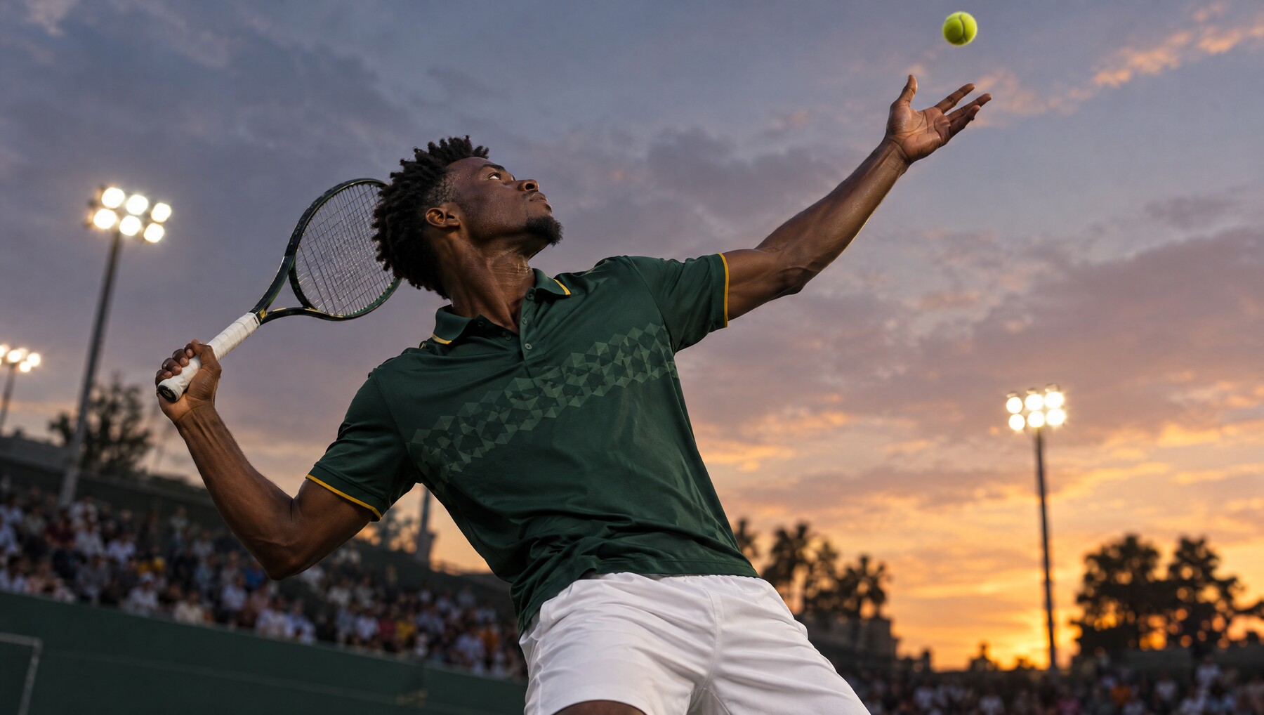Joueur de tennis au service, en polo vert, au crépuscule