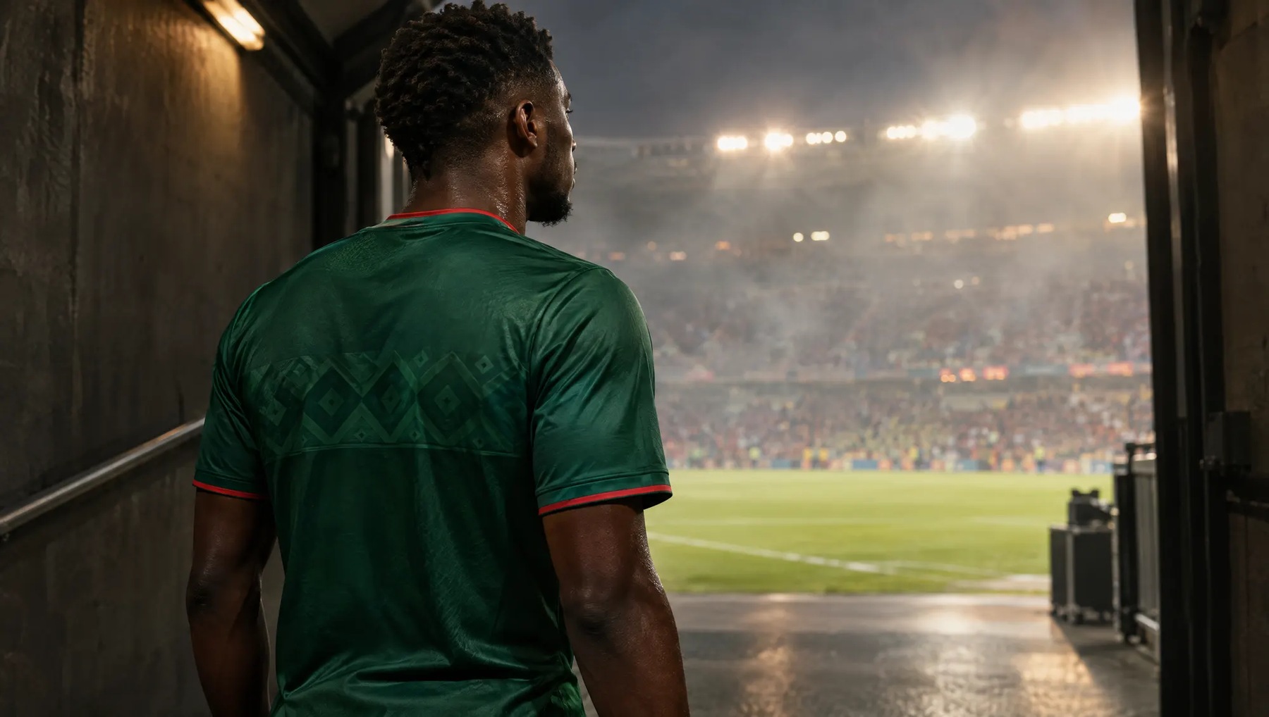 Joueur de sélection en maillot vert dans le tunnel d'un stade, avant l'entrée sur la pelouse
