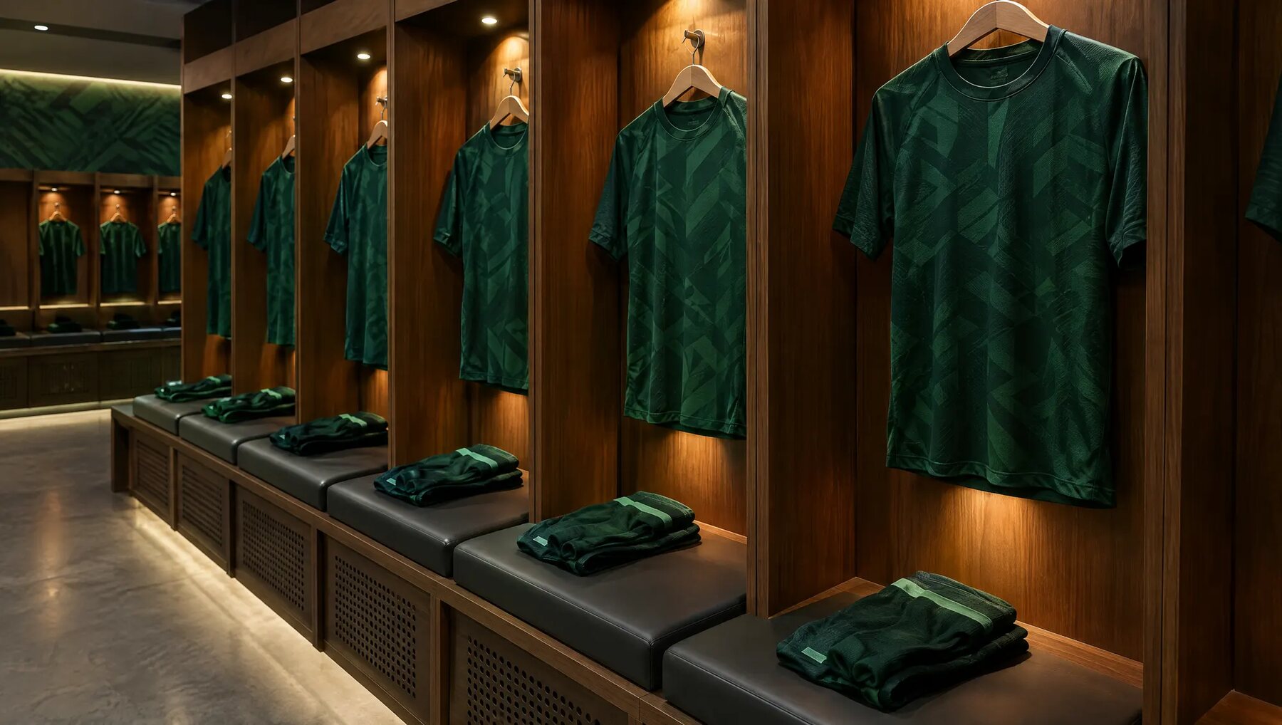 Vestiaire d'une sélection, maillots verts suspendus